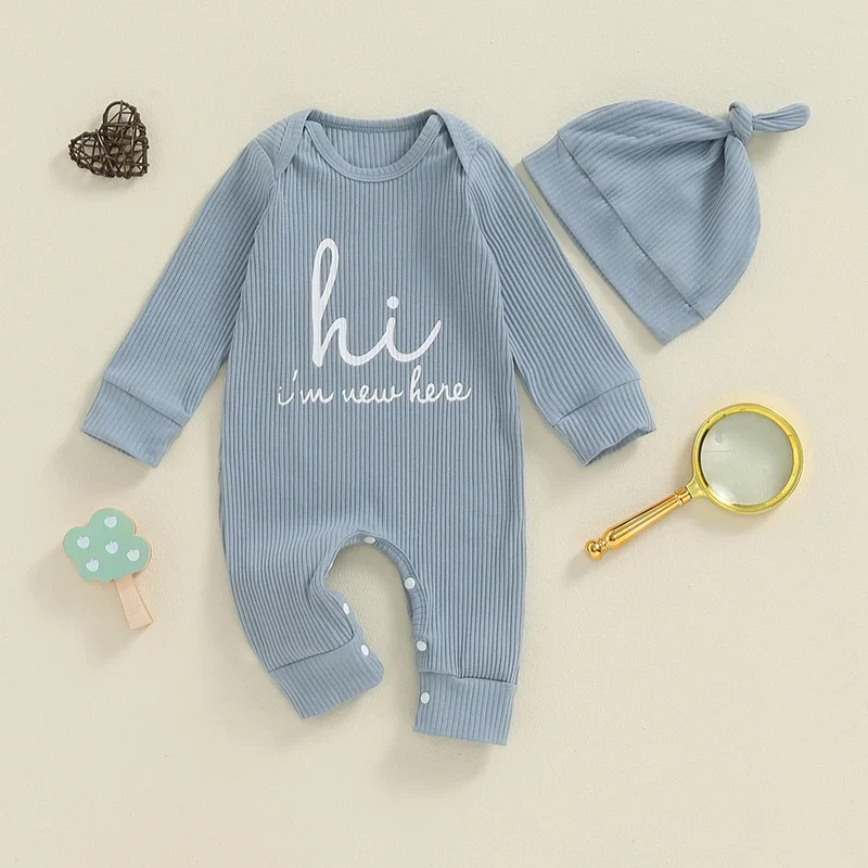 Baby Boys Girls 2Pcs Hi I'm New Here Romper Letter Print Long Sleeve Crew Neck Jumpsuit Bodysuit with Hat Set - Image 2