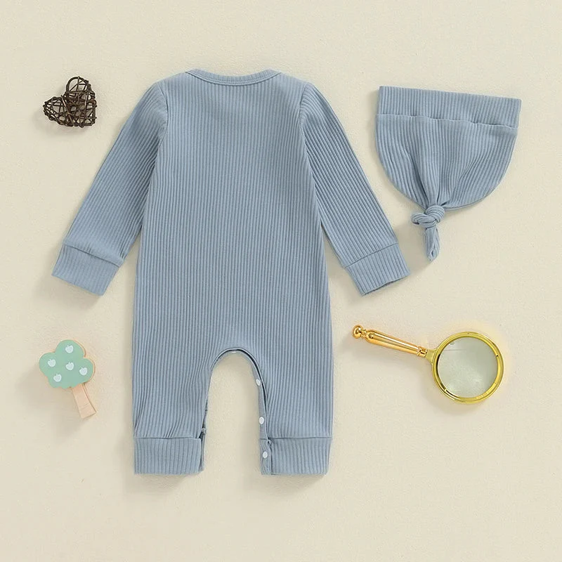 Baby Boys Girls 2Pcs Hi I'm New Here Romper Letter Print Long Sleeve Crew Neck Jumpsuit Bodysuit with Hat Set - Image 3