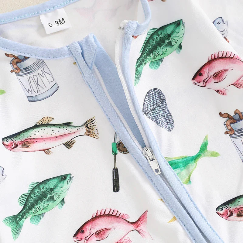 Baby Boys Girls Autumn Casual Romper Long Sleeve Crew Neck Fish Print Zipper Jumpsuit - Image 4