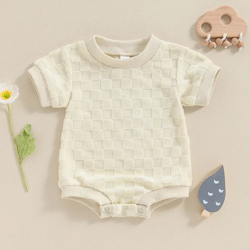 Baby Boys Girls Bodysuit Short Sleeve Crew Neck Checkerboard Summer Playsuit Romper - Image 19