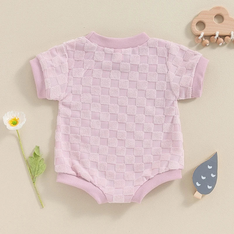 Baby Boys Girls Bodysuit Short Sleeve Crew Neck Checkerboard Summer Playsuit Romper - Image 5