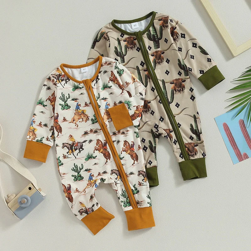 Baby Boys Girls Jumpsuit Long Sleeve Cow/Horse Print Zipped Autumn Romper Clothes - Image 10