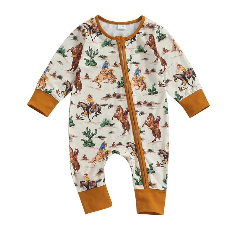 Baby Boys Girls Jumpsuit Long Sleeve Cow/Horse Print Zipped Autumn Romper Clothes - Image 2