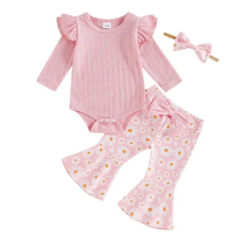 Baby Girl 3Pcs Fall Outfit Long Sleeve Ribbed Romper Daisy Flower Flare Pants Bow Headband Set - Image 10