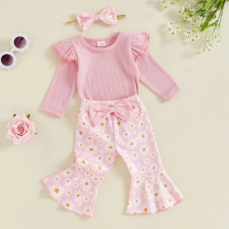 Baby Girl 3Pcs Fall Outfit Long Sleeve Ribbed Romper Daisy Flower Flare Pants Bow Headband Set - Image 12