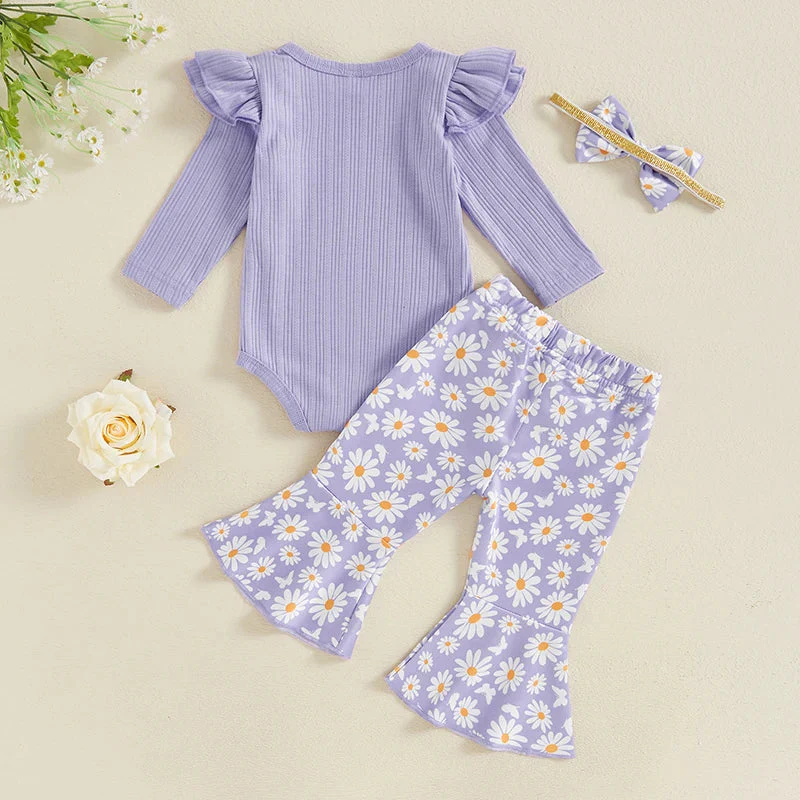 Baby Girl 3Pcs Fall Outfit Long Sleeve Ribbed Romper Daisy Flower Flare Pants Bow Headband Set - Image 3