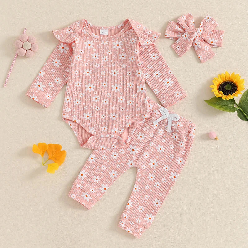 Baby Girl 3Pcs Spring Fall Outfit Floral Print Long Frill Sleeve Romper Long Flower Pants Headband Set - Image 3