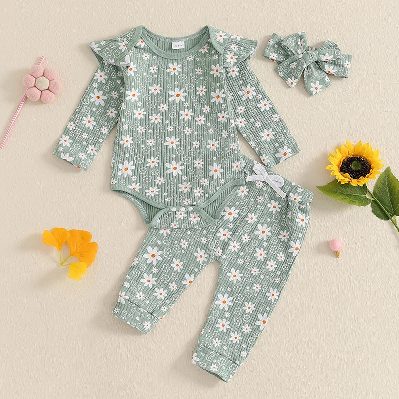 Baby Girl 3Pcs Spring Fall Outfit Floral Print Long Frill Sleeve Romper Long Flower Pants Headband Set - Image 4