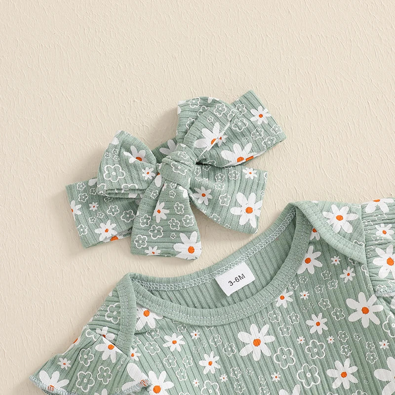 Baby Girl 3Pcs Spring Fall Outfit Floral Print Long Frill Sleeve Romper Long Flower Pants Headband Set - Image 6