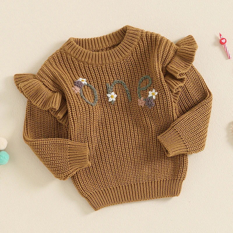 Baby Girl Birthday Sweater One Casual Floral Flowers Letter Embroidery Warm Long Sleeve Knitted Pullover Infant Knitwear Top - Image 16