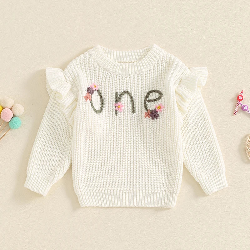 Baby Girl Birthday Sweater One Casual Floral Flowers Letter Embroidery Warm Long Sleeve Knitted Pullover Infant Knitwear Top - Image 2