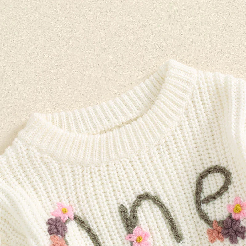 Baby Girl Birthday Sweater One Casual Floral Flowers Letter Embroidery Warm Long Sleeve Knitted Pullover Infant Knitwear Top - Image 4