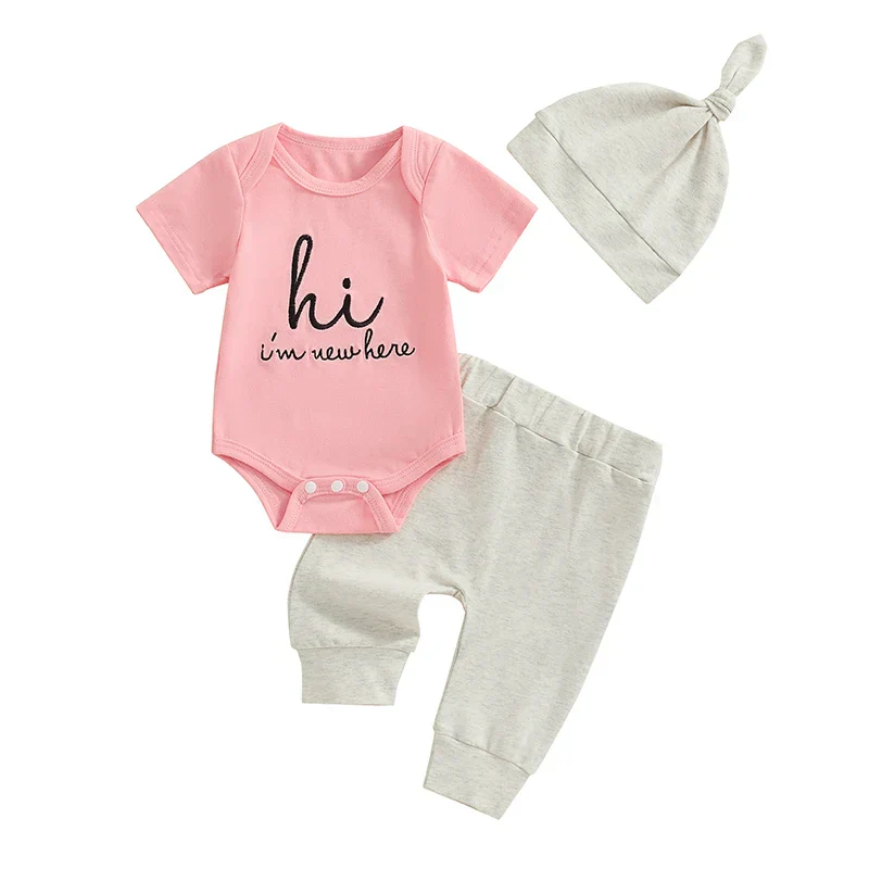 Baby Girl Boy 3Pcs Hi I'm New Here Outfit Letter Embroidery Short Sleeve Romper Elastic Waist Long Pants Hat Clothes Set - Image 10