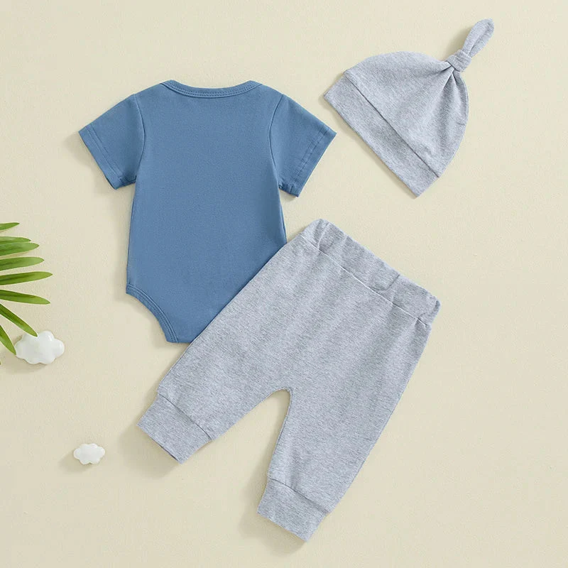 Baby Girl Boy 3Pcs Hi I'm New Here Outfit Letter Embroidery Short Sleeve Romper Elastic Waist Long Pants Hat Clothes Set - Image 5