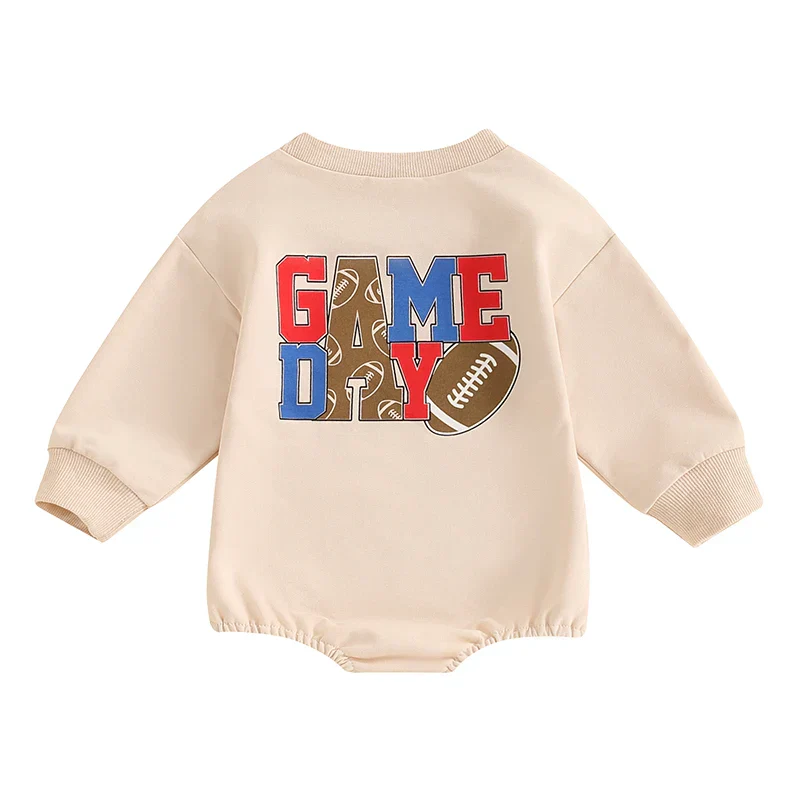 Baby Girl Boy Fall GAME DAY Bubble Romper Football Letter Print Long Sleeve Round Neck Jumpsuit - Image 9
