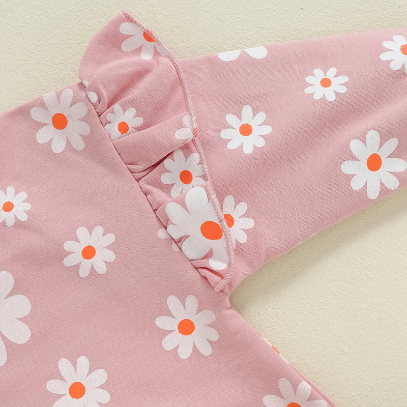 Baby Girl Bubble Romper Flower Daisy Print Round Neck Long Sleeve Jumpsuit - Image 17