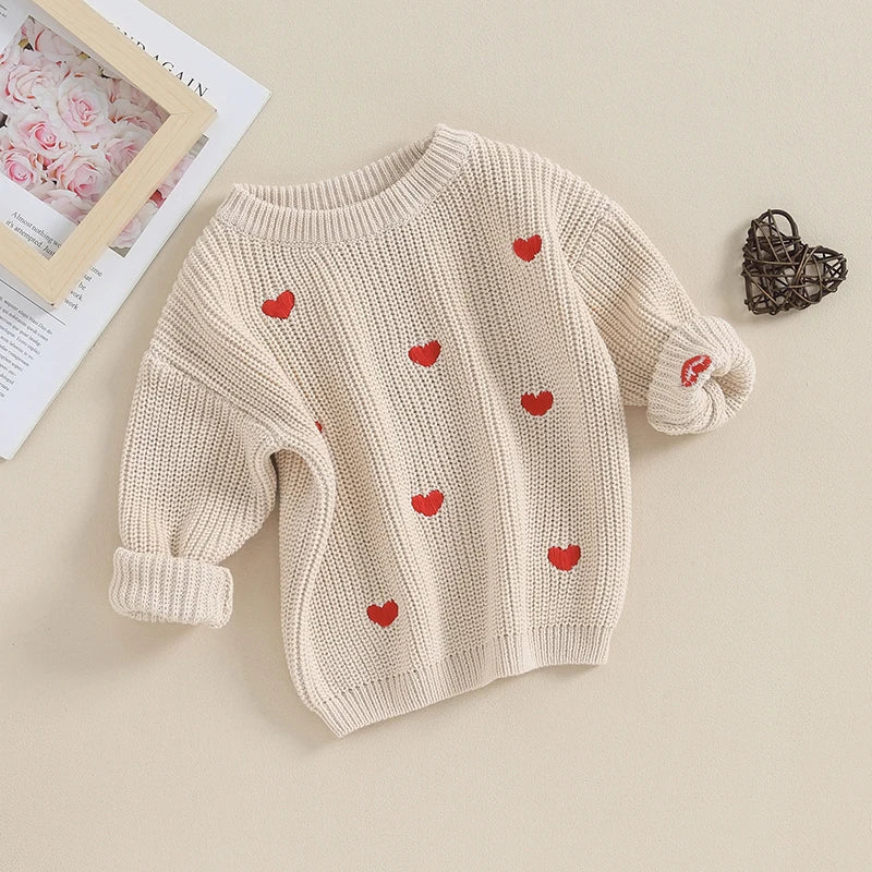 Baby Girl Knit Sweater Heart Embroidery Pullover Valentine's Day Clothes Top - Image 14