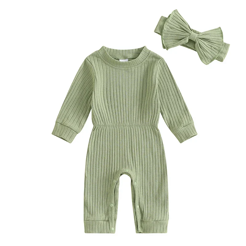Baby Girls 2Pcs Fall Outfit Long Sleeve Round Neck Ribbed Full Leg Jumpsuit with Headband Set - Image 14