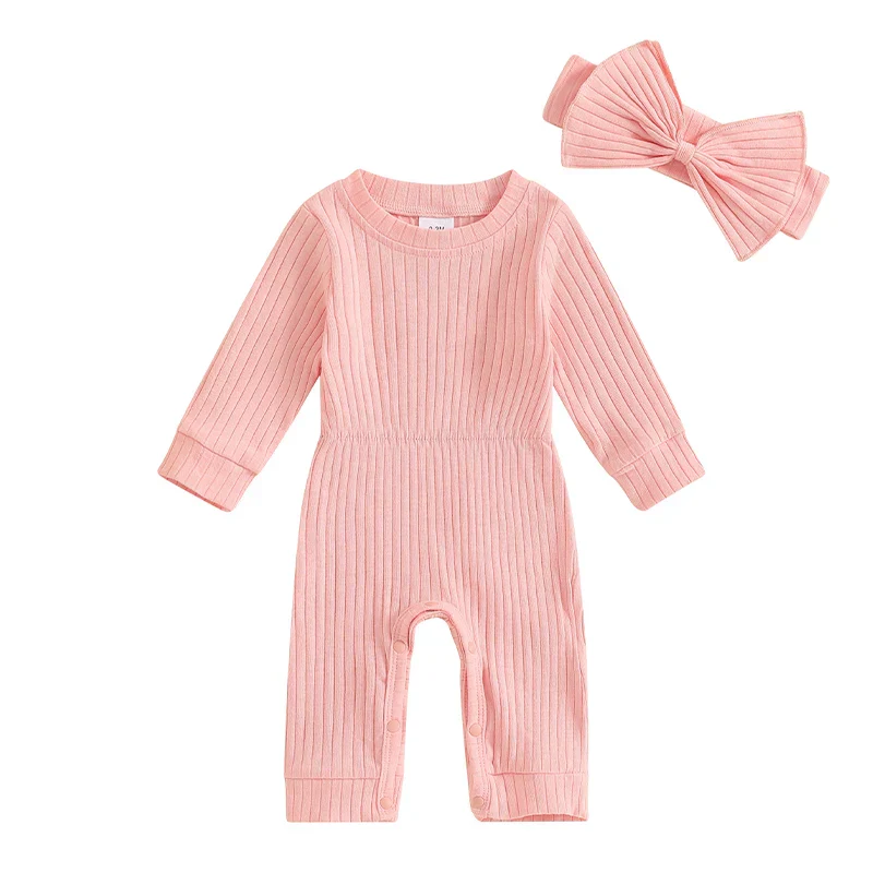 Baby Girls 2Pcs Fall Outfit Long Sleeve Round Neck Ribbed Full Leg Jumpsuit with Headband Set - Image 8
