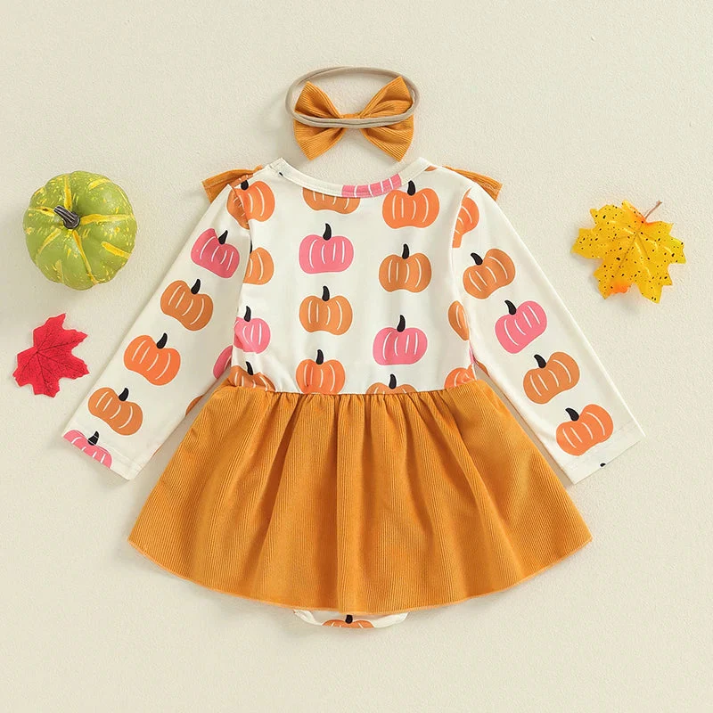 Baby Girls 2Pcs Halloween Romper Dress Overalls Skirt Long Sleeve O Neck Pumpkin Print Romper with Headband Set - Image 3