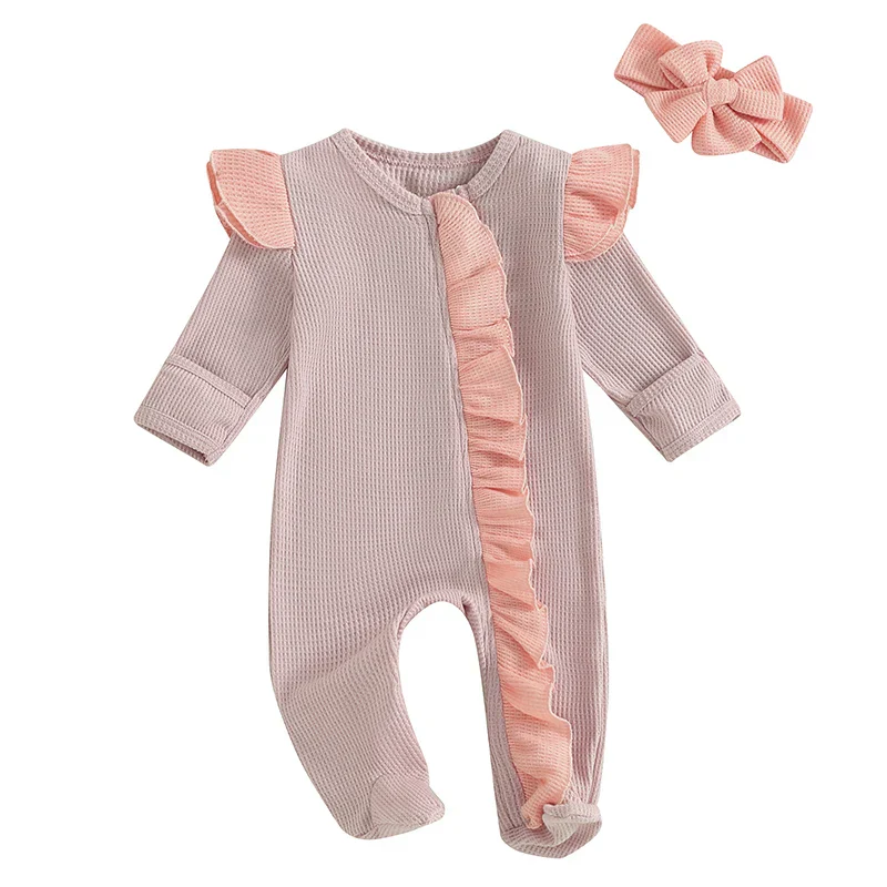 Baby Girls 2Pcs Outfit Long Sleeve Crew Neck Frills Zipper Romper Contrast Color Footies and Headband Set - Image 7
