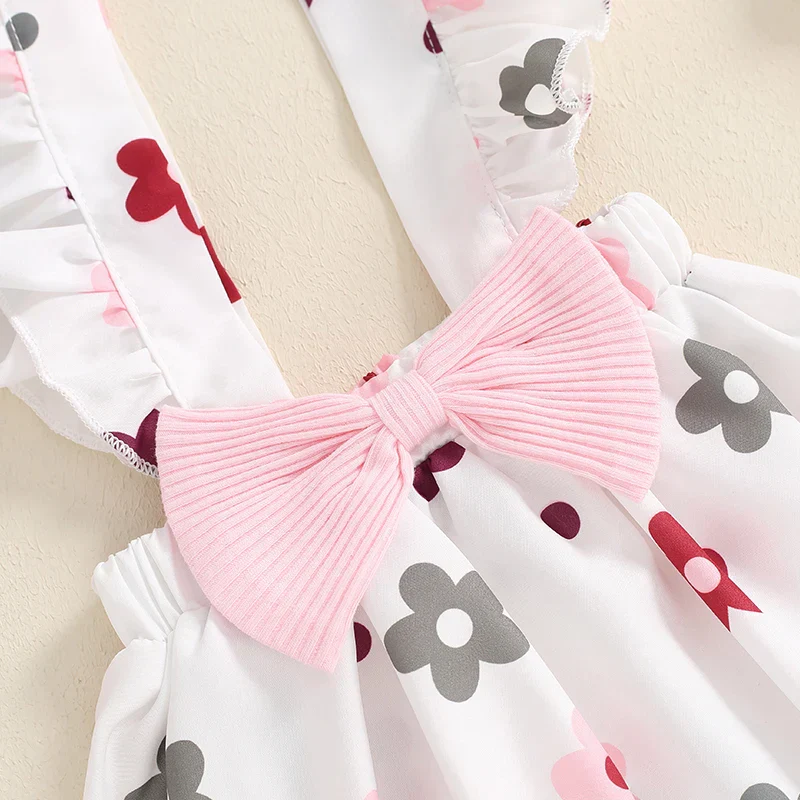 Baby Girls 3Pcs Fall Outfit Long Sleeve Ribbed Romper + Bow Suspender Flower Print Skirt + Headband Set - Image 11