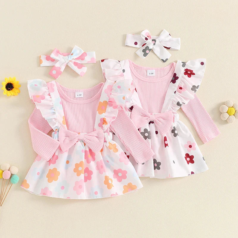 Baby Girls 3Pcs Fall Outfit Long Sleeve Ribbed Romper + Bow Suspender Flower Print Skirt + Headband Set - Image 13