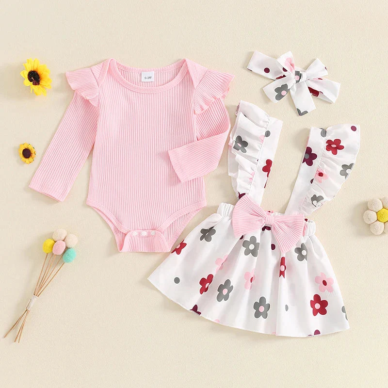 Baby Girls 3Pcs Fall Outfit Long Sleeve Ribbed Romper + Bow Suspender Flower Print Skirt + Headband Set - Image 2