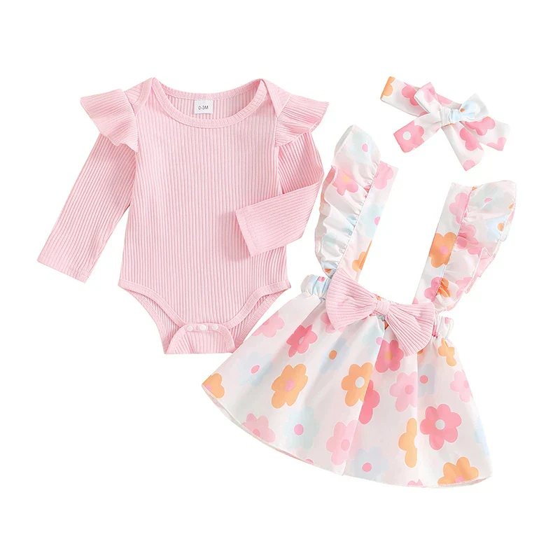 Baby Girls 3Pcs Fall Outfit Long Sleeve Ribbed Romper + Bow Suspender Flower Print Skirt + Headband Set - Image 8