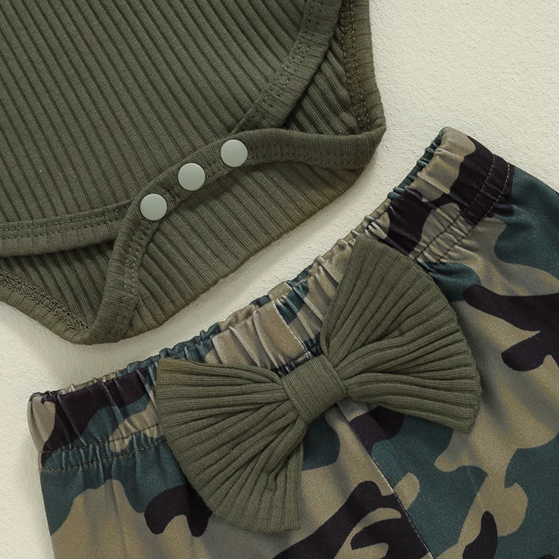 Baby Girls 3Pcs Fall Outfit Long Sleeve Ribbed Solid Color Romper Camouflage Print Flared Long Pants Headband Set - Image 13