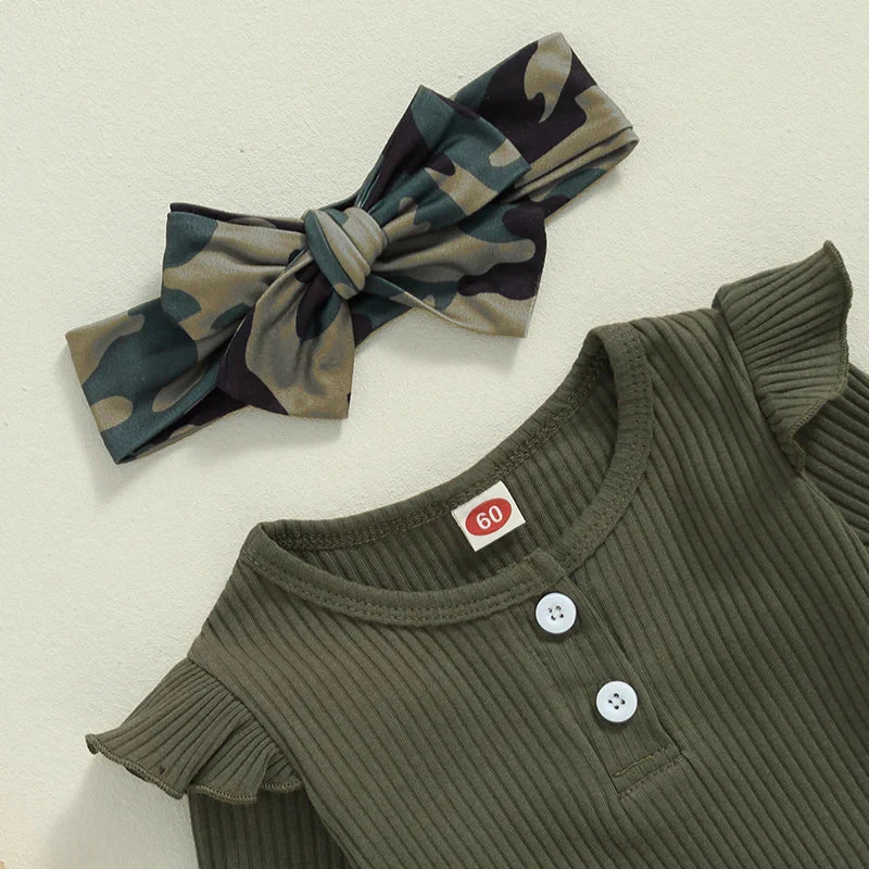 Baby Girls 3Pcs Fall Outfit Long Sleeve Ribbed Solid Color Romper Camouflage Print Flared Long Pants Headband Set - Image 14