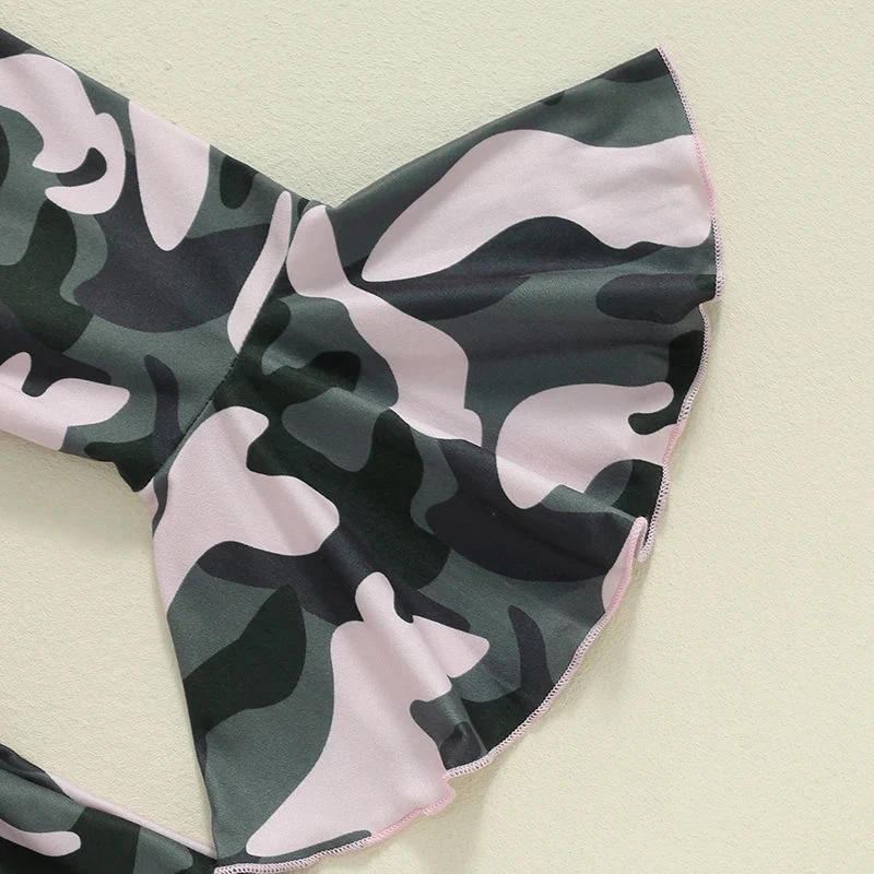 Baby Girls 3Pcs Fall Outfit Long Sleeve Ribbed Solid Color Romper Camouflage Print Flared Long Pants Headband Set - Image 18
