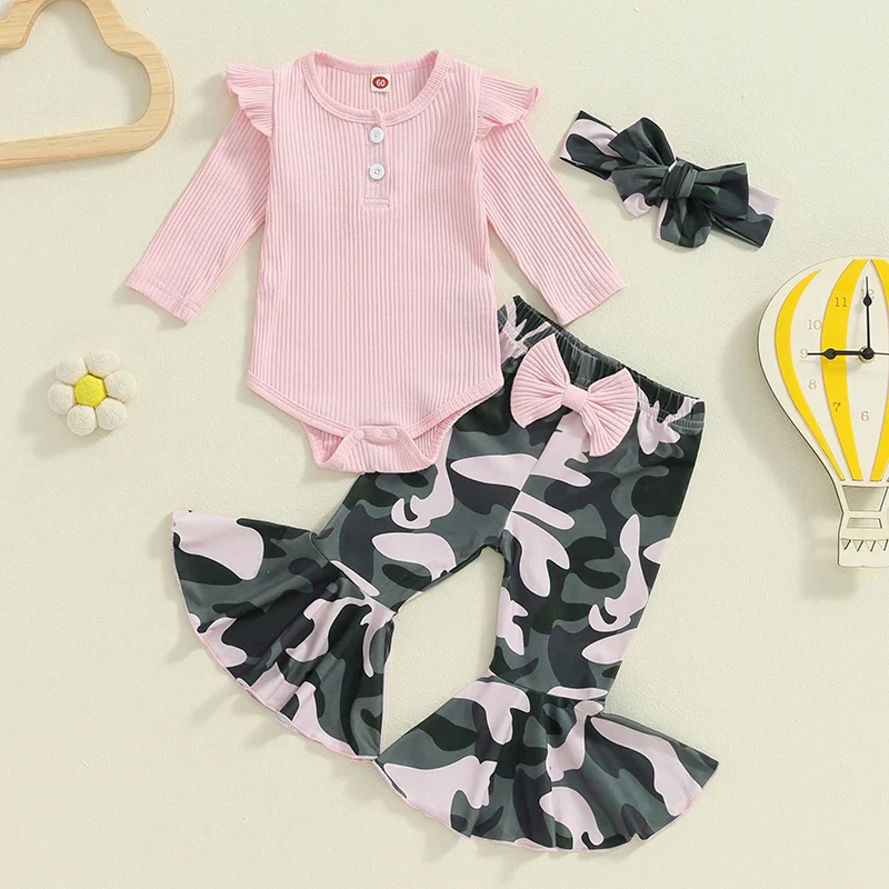 Baby Girls 3Pcs Fall Outfit Long Sleeve Ribbed Solid Color Romper Camouflage Print Flared Long Pants Headband Set - Image 2