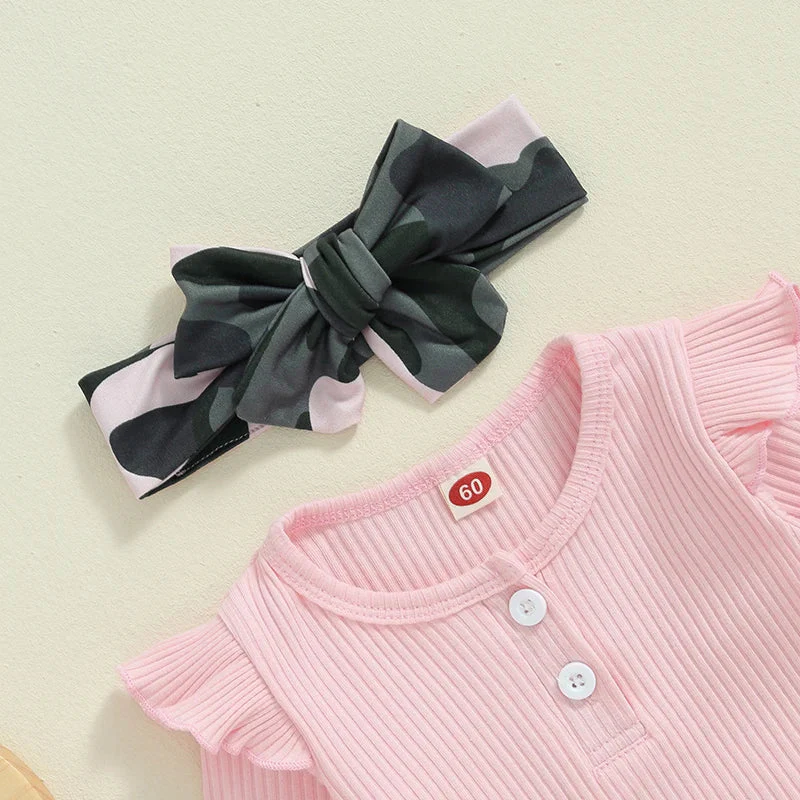Baby Girls 3Pcs Fall Outfit Long Sleeve Ribbed Solid Color Romper Camouflage Print Flared Long Pants Headband Set - Image 4