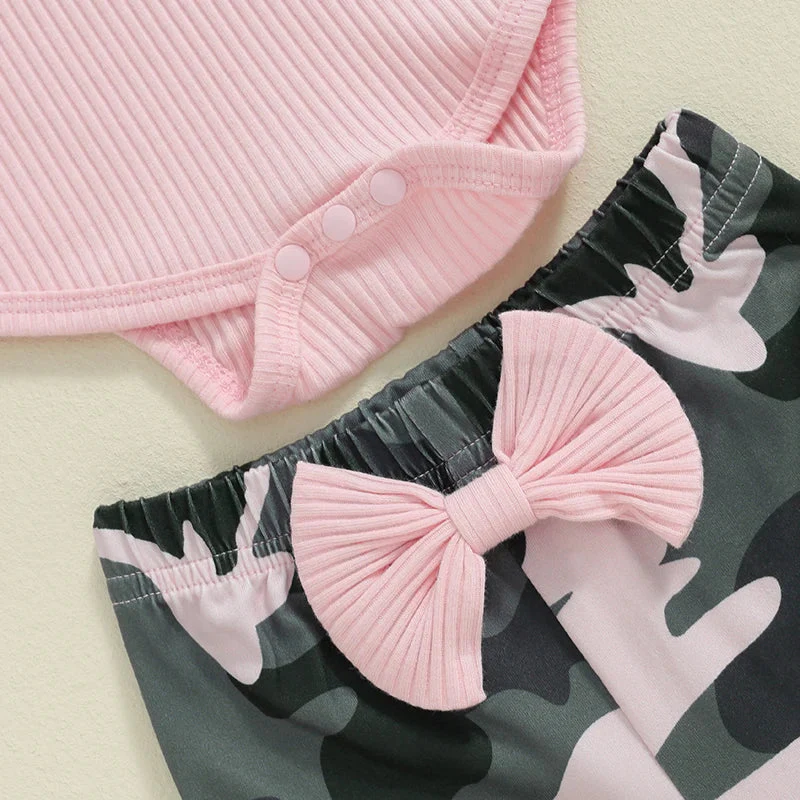 Baby Girls 3Pcs Fall Outfit Long Sleeve Ribbed Solid Color Romper Camouflage Print Flared Long Pants Headband Set - Image 6