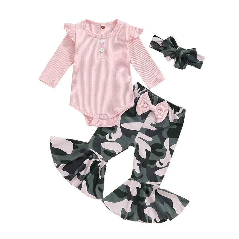 Baby Girls 3Pcs Fall Outfit Long Sleeve Ribbed Solid Color Romper Camouflage Print Flared Long Pants Headband Set - Image 7