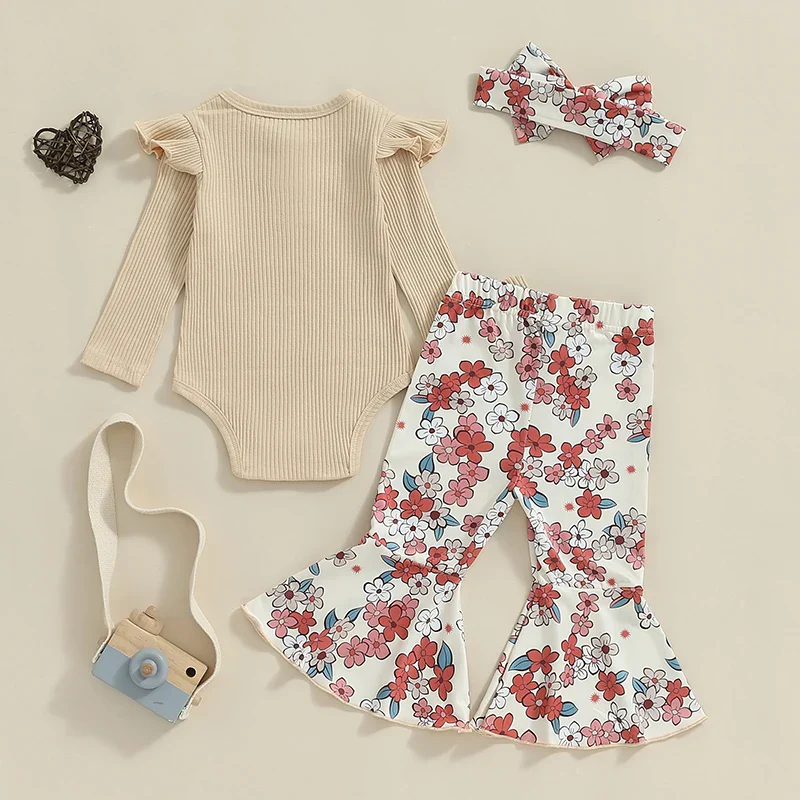 Baby Girls 3Pcs Fall Outfit Ruffle Ribbed Long Sleeve Romper Flower Flare Pants Tie Headband Set - Image 16