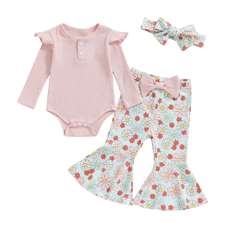 Baby Girls 3Pcs Fall Outfit Ruffle Ribbed Long Sleeve Romper Flower Flare Pants Tie Headband Set - Image 7