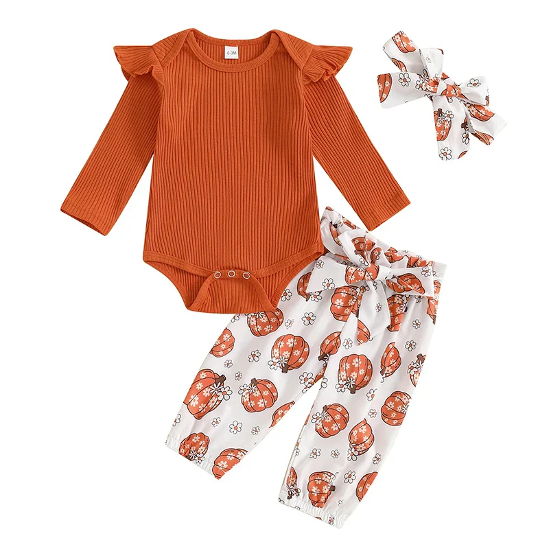 Baby Girls 3Pcs Halloween Outfit Ribbed Long Sleeve Frill Sleeve Romper and Elastic Pumpkin Flower Print Pants Headband Set - Image 13