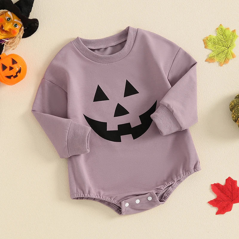 Baby Girls Boys Halloween Romper Casual Pumpkin Jack O Lantern Face Print Round Neck Long Sleeve Jumpsuit - Image 14
