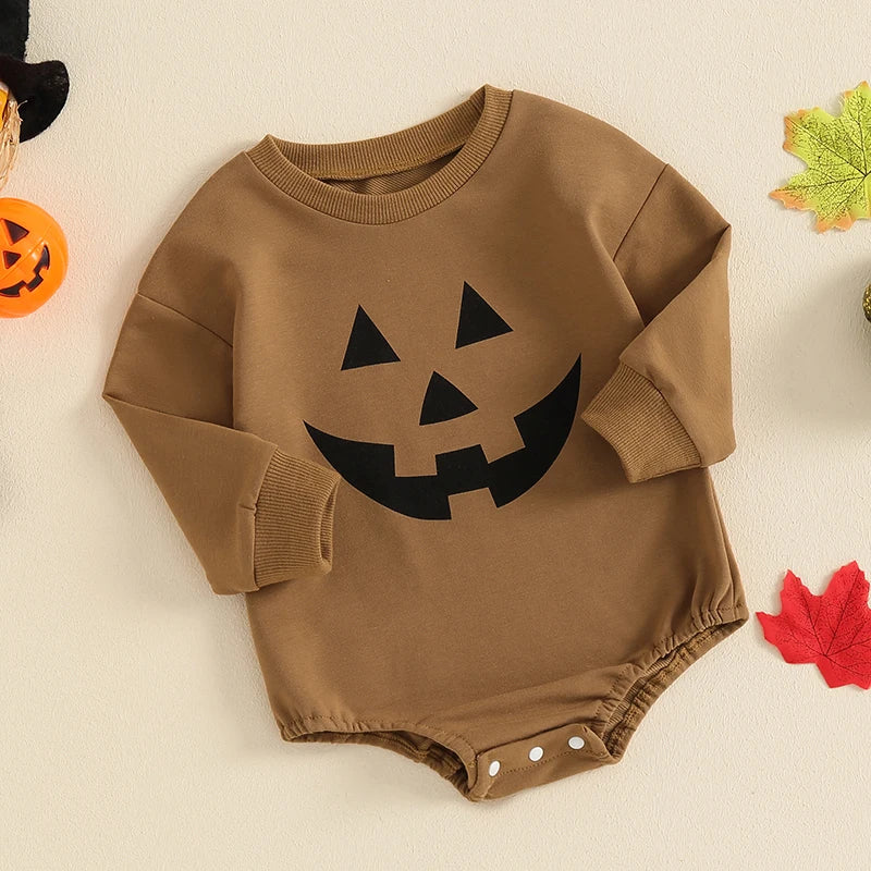 Baby Girls Boys Halloween Romper Casual Pumpkin Jack O Lantern Face Print Round Neck Long Sleeve Jumpsuit - Image 15