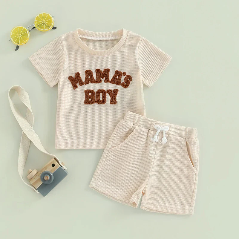 Baby Toddler Boy 2Pcs Mama's Boy Letter Embroidery Short Sleeve Top Matching Shorts Set Waffle Outfit - Image 2
