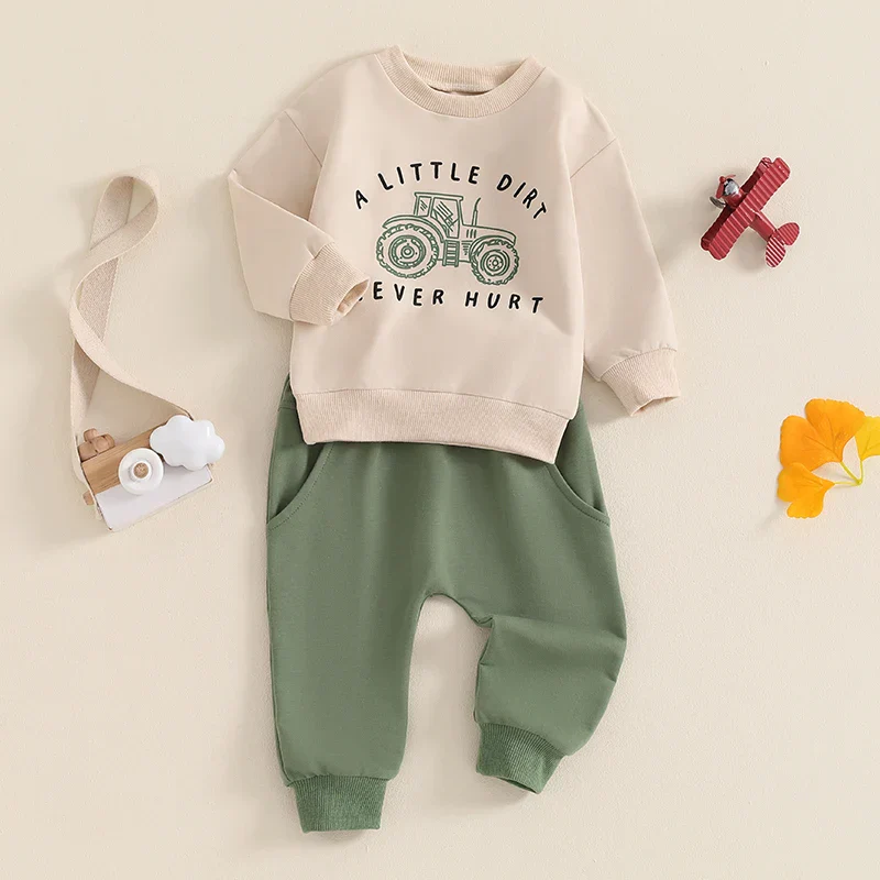 Baby Toddler Boys 2Pcs A Little Dirt Never Hurt Fall Outfit Long Sleeve Tractor Letter Print Top + Pants Set - Image 11