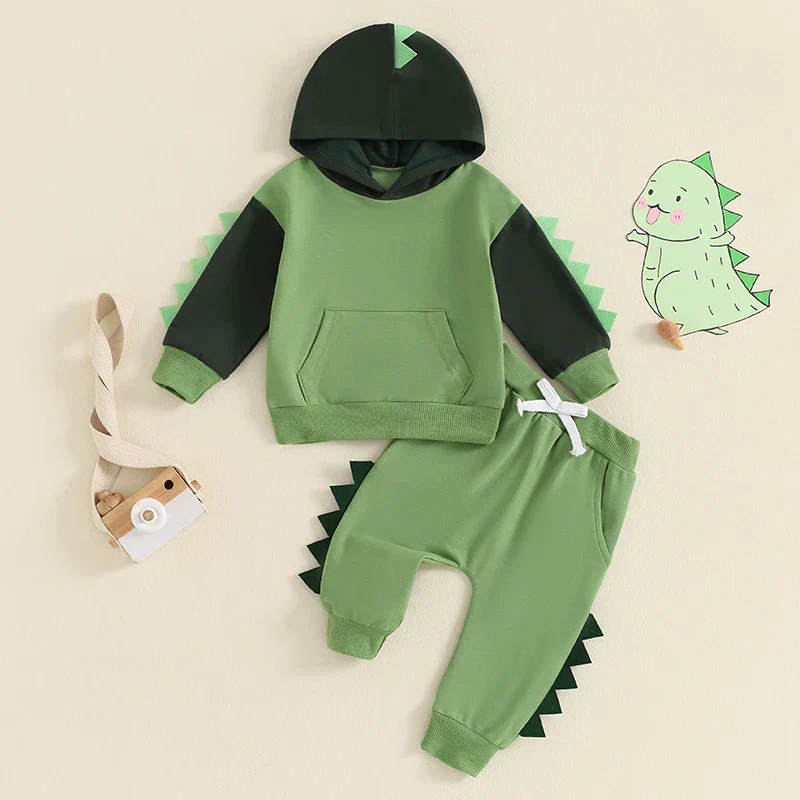 Baby Toddler Boys 2Pcs Dinosaur Outfit Contrast Color Long Sleeve Hoodie Top Elastic Waist Pants Set - Image 2