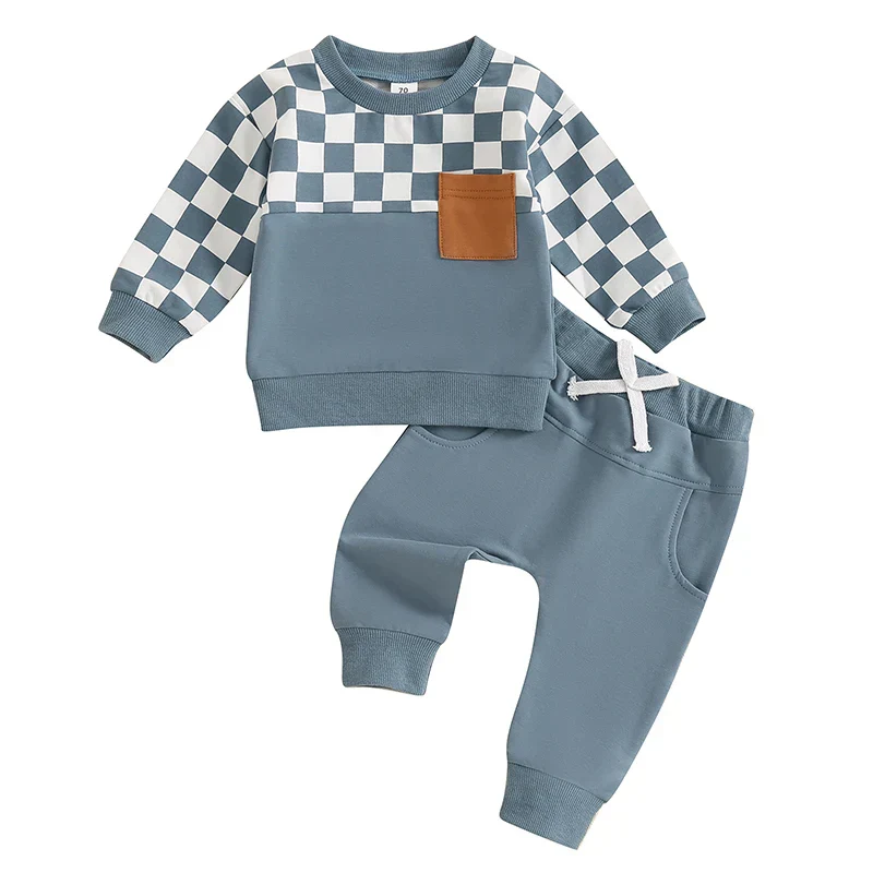Baby Toddler Boys 2Pcs Fall Clothes Checkerboard Print Long Sleeve Pocket Top with Solid Color Long Pants Outfit Set - Image 8
