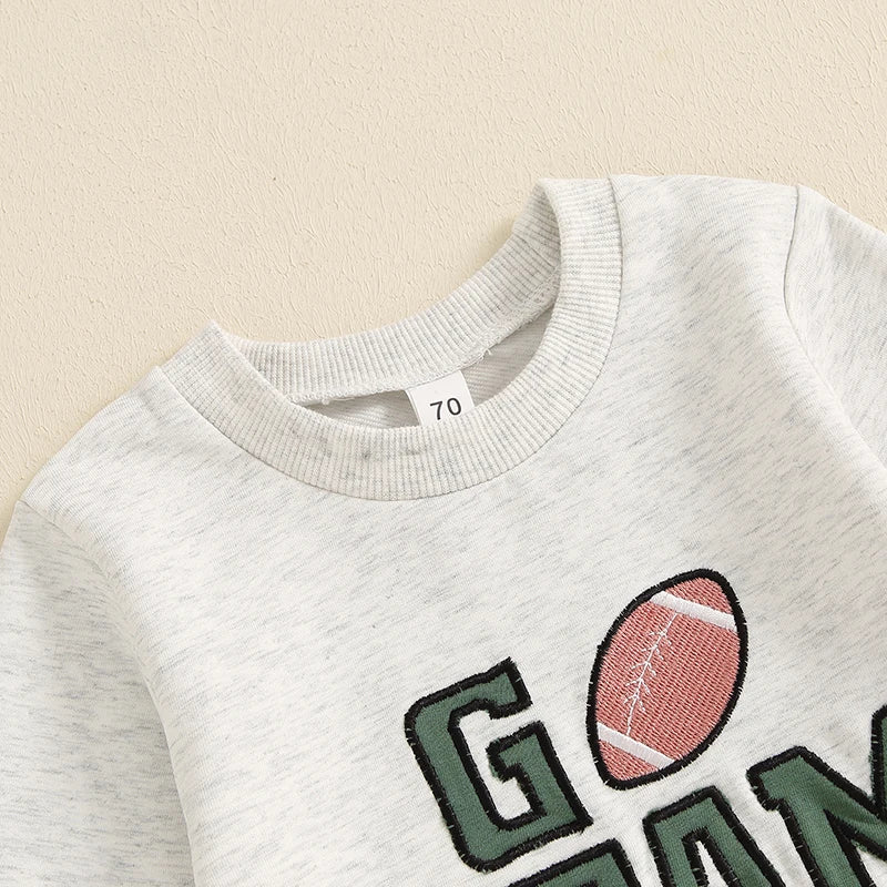 Baby Toddler Boys 2Pcs Go Team Fall Outfit Football Letter Embroidery Long Sleeve O-Neck Top and Solid Color Pants Set - Image 4