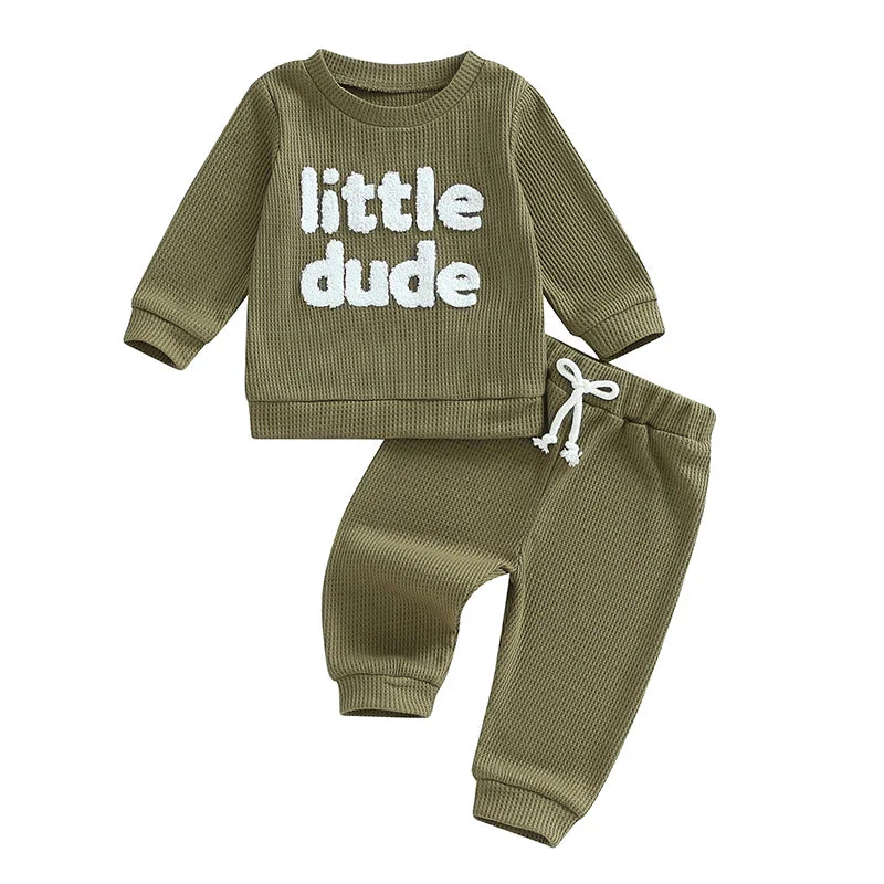 Baby Toddler Boys 2Pcs Little Dude Waffle Outfit Letter Embroidery Long Sleeve Top with Elastic Waist Solid Pants Set - Image 10