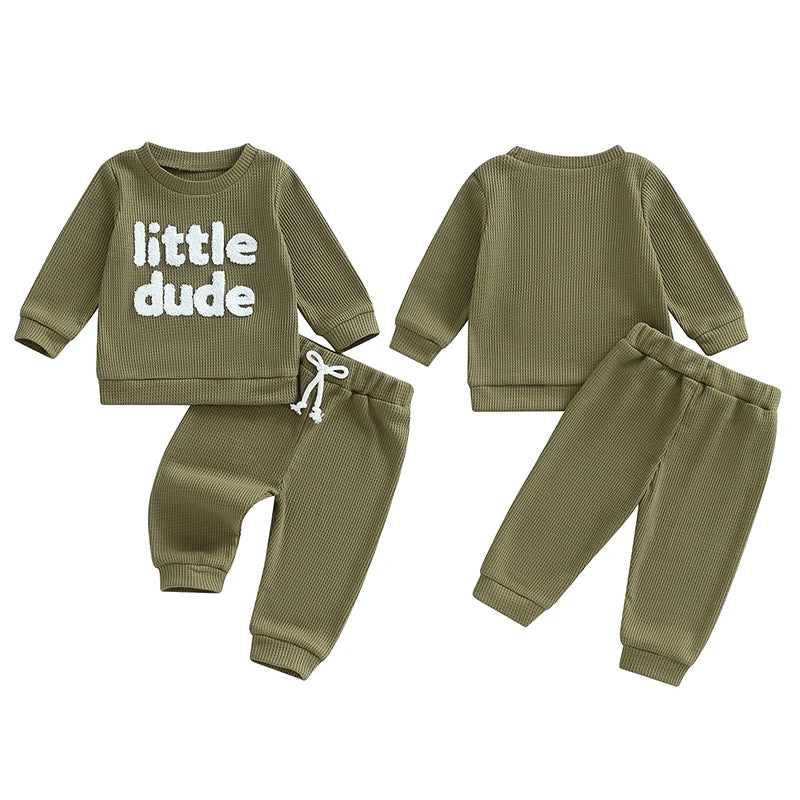 Baby Toddler Boys 2Pcs Little Dude Waffle Outfit Letter Embroidery Long Sleeve Top with Elastic Waist Solid Pants Set - Image 13