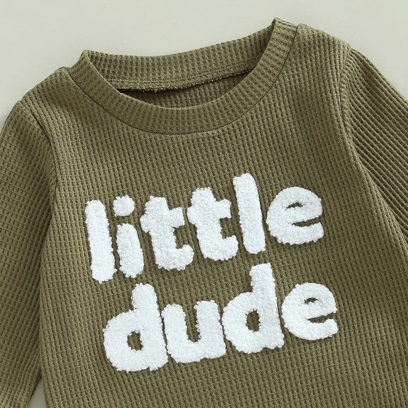 Baby Toddler Boys 2Pcs Little Dude Waffle Outfit Letter Embroidery Long Sleeve Top with Elastic Waist Solid Pants Set - Image 14