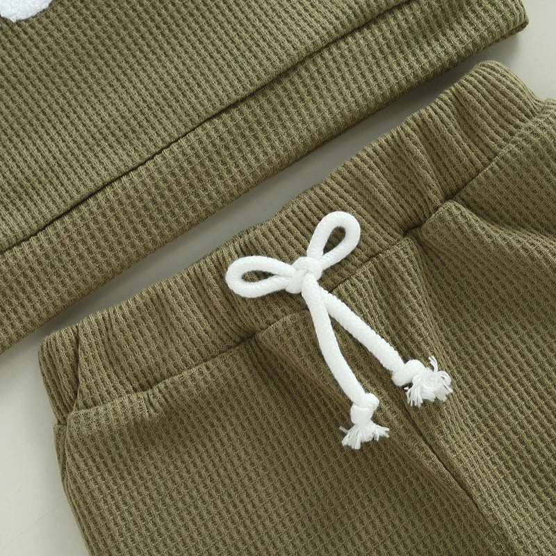 Baby Toddler Boys 2Pcs Little Dude Waffle Outfit Letter Embroidery Long Sleeve Top with Elastic Waist Solid Pants Set - Image 15